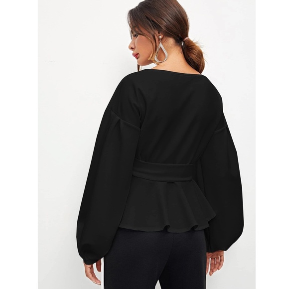Bishop Sleeve Belt Ties Wrap Peplum Top Black V-Neck - Picture 8 of 13